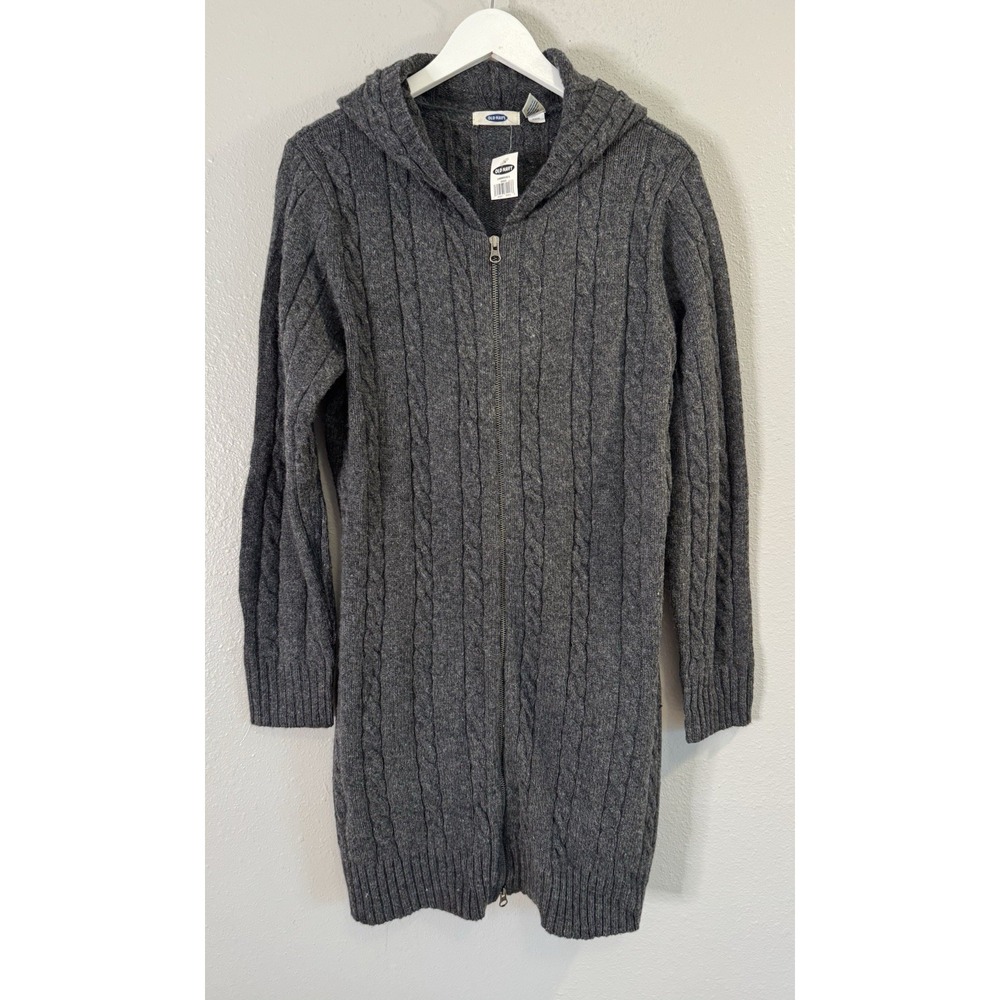 Vintage Y2K Old Navy Lambswool Cable Knit Hooded Long Cardigan Gray L NWT